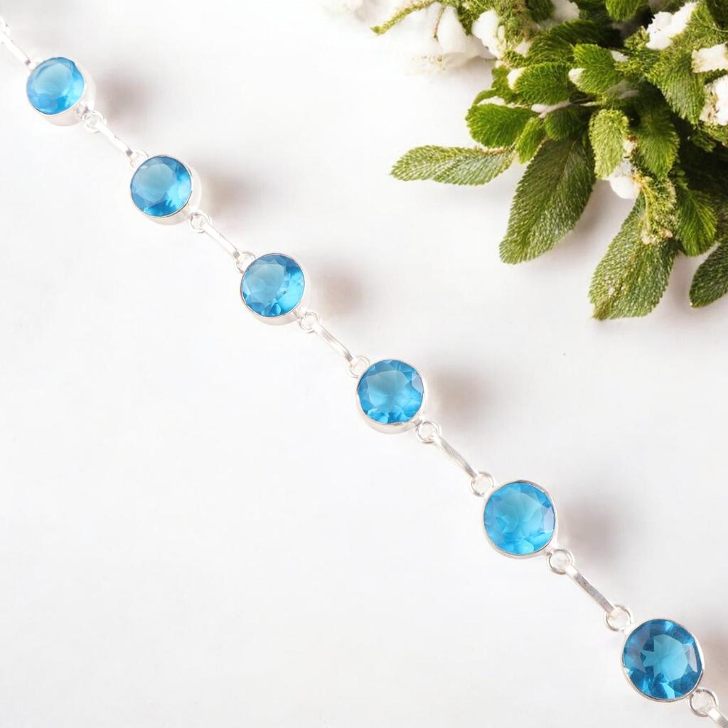 Swiss Blue Topaz Gemstone 925 Solid Silver Jewelry Handmade Bridesmaid Bracelet RB-14-10