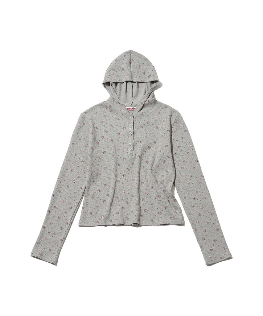 Flower Waffle Button Hoodie - Gray