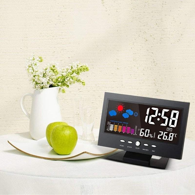 LCD Color Screen Digital Display Snooze Alarm Clock Indoor Temperature And Humidity Monitor Weather Forecast Time And Date Display Clock Tool