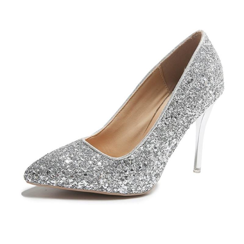 2026 Women High Heels Pumps Wedding Bridal Sparkly Mid Heels Lady Party Sequins Glitter Evening Gold Silver Shoes