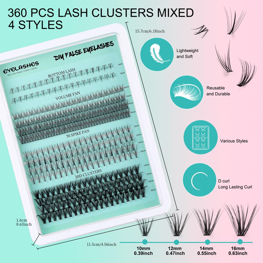 Single Cluster Diy360 Cluster Large Capacity Oblique Flying False Eyelashes Dense Simulation 5-16Mm Eyelashes