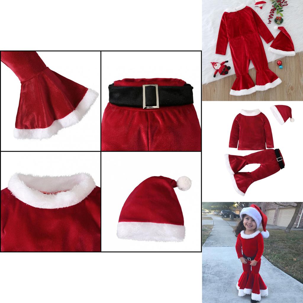 Festive Christmas Kids Girls Plush Flared Pants Suit With Santa Hat Tree Hat