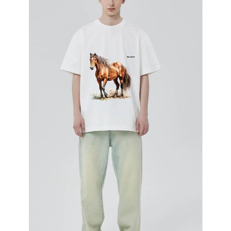 Men's Oversized T-Shirt Black Horse Print and Text Casual Wear