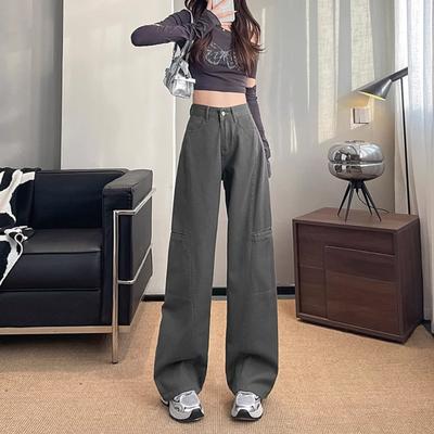 Americké retro streetové vícekapesní pracovní džíny dámské volné s vysokým pasem rovné široké nohavice ležérní džíny