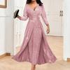 Women's V Neck Three Quarter Sleeve A Line Dress Straight Fit High Waist Glitter Sequin Double Slit Maxi Party Evening Gown
