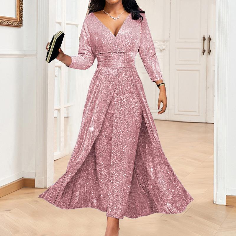 Women's V Neck Three Quarter Sleeve A Line Dress Straight Fit High Waist Glitter Sequin Double Slit Maxi Party Evening Gown