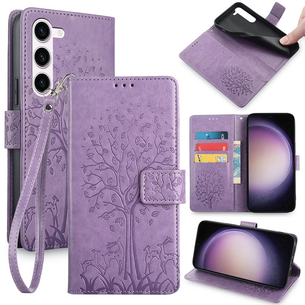 For Samsung Galaxy S23 Phone Case Imprinted Deer Tree Pattern 3 Card Slots Anti-drop Cover