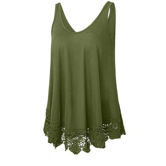 Women Vest Sleeveless Round Neck Lace Hem Solid Color Plus Size