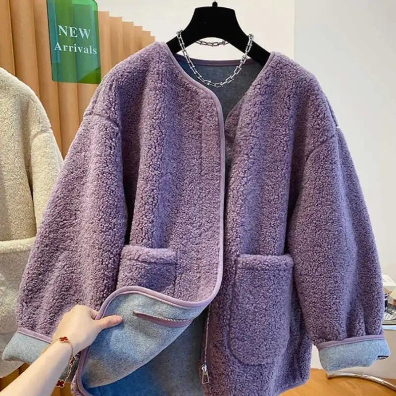 Coats for Women Winter Cotton Jacket Faux Shearling Solid Color Zipper Thickened Velvet Loose Casual Coat Top