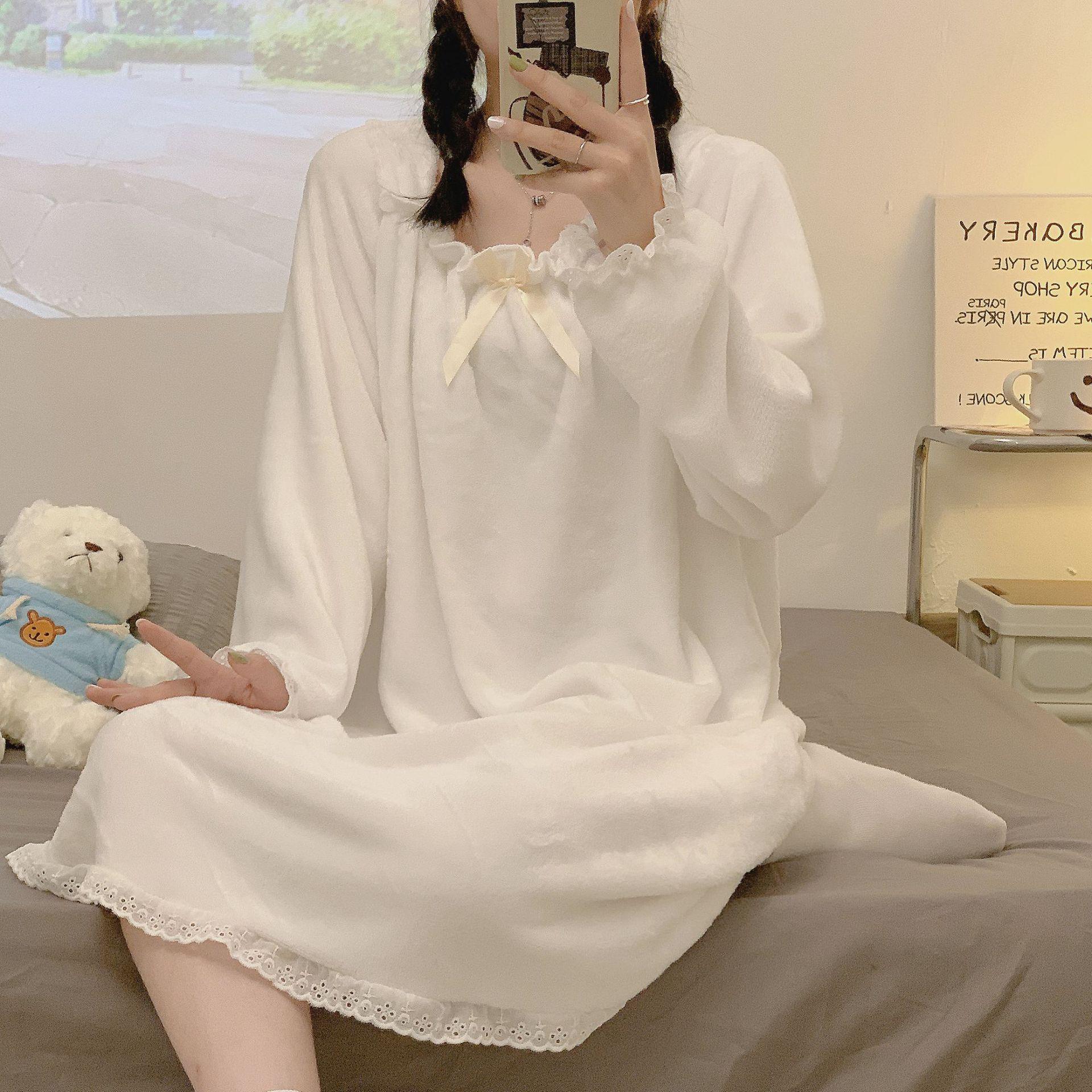 

Женский фланелевый пижамный комплект с квадратным воротником: Милый, плотный коралловый флис на осень/зиму - большой размер, стиль принцессы. L