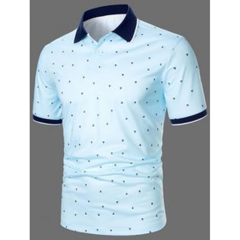 Mens Short Sleeve Polo Shirt Slim Fit Casual Tee Breathable Cotton Print Design