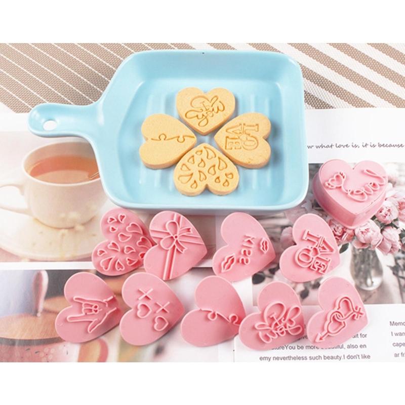 Set of 10 Cookie Cutters Pressable Biscuit Cutter Valentines Day Cookie Cutters Embossed Cookie Mold Gift for Children