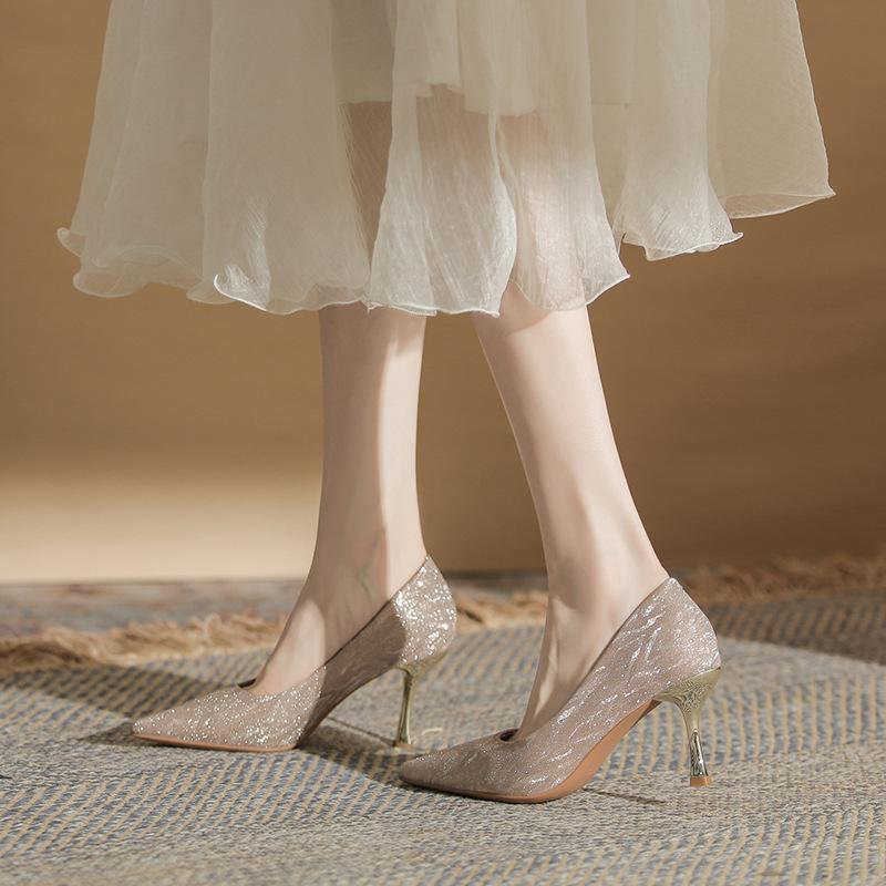 Sheepskin version~ glossy pointed high heels women's stilettos summer 2025 new wedding shoes bride shoes crystal single shoes