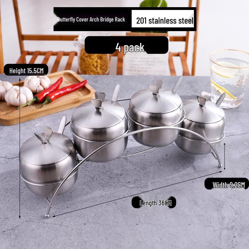 Gold Korean-Style Seasoning Jars, 201 Stainless Steel with Glass Lids On Tray, for Restaurant Use.