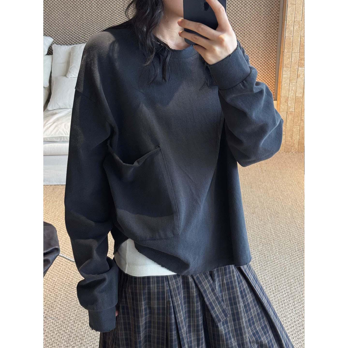 Louvre Spring Korean Asymmetrical Round Neck Pocket T-shirt for Women One Size темно-серого