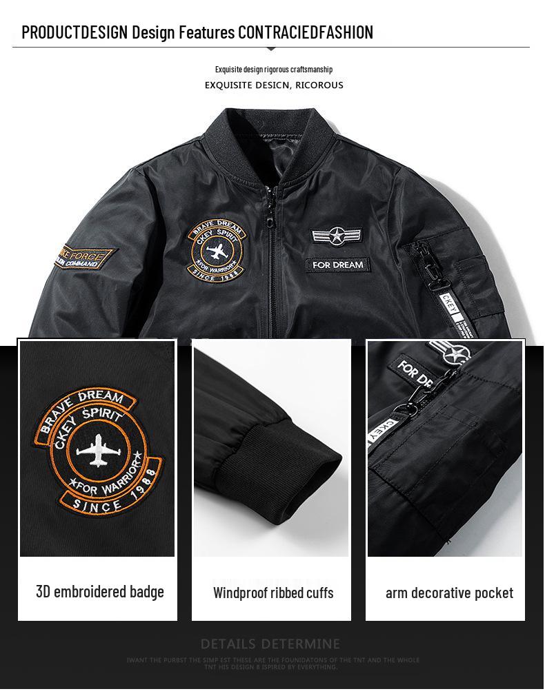 Reversible Spring & Autumn American Style Pilot Jacket with Embroidered Patches - Plus Size