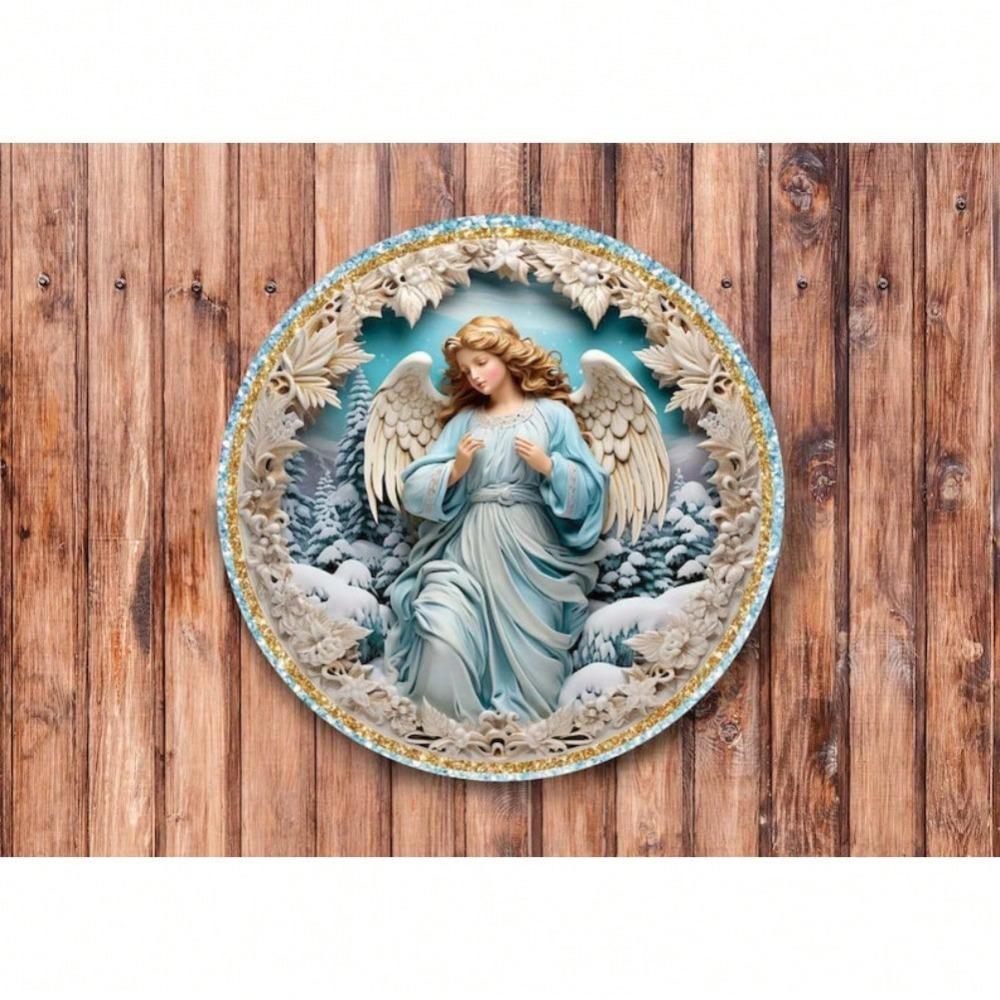 Faux 3D Blue Christmas Angel Wreath Metal Sign for Home & Room Decor