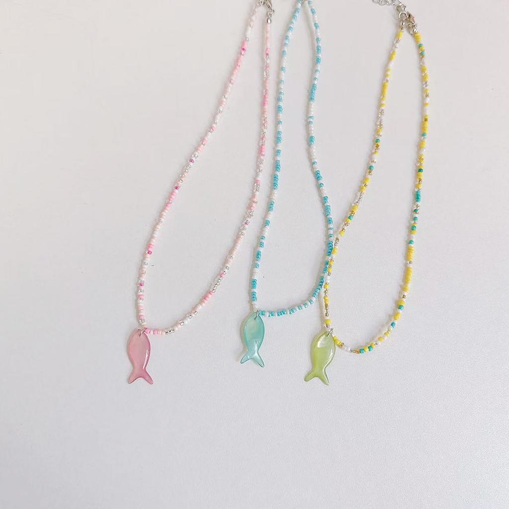 Vintage Blue Beaded Vintage Fish Pendant Necklace For Women Elegant Adjustable Length Collarbone Chain Gift For Her
