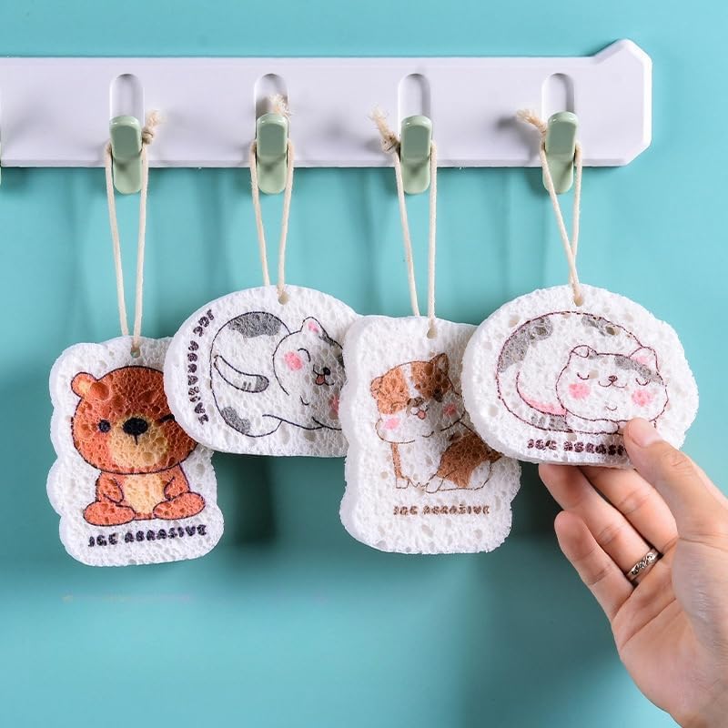 Compressed Dishwashing Wood Pulp Cotton, Kitchen Absorbent Magic Wipe, Pot Washing Sponge Brush, Cute Cartoon Thickened Dishwashing Cotton (Cute