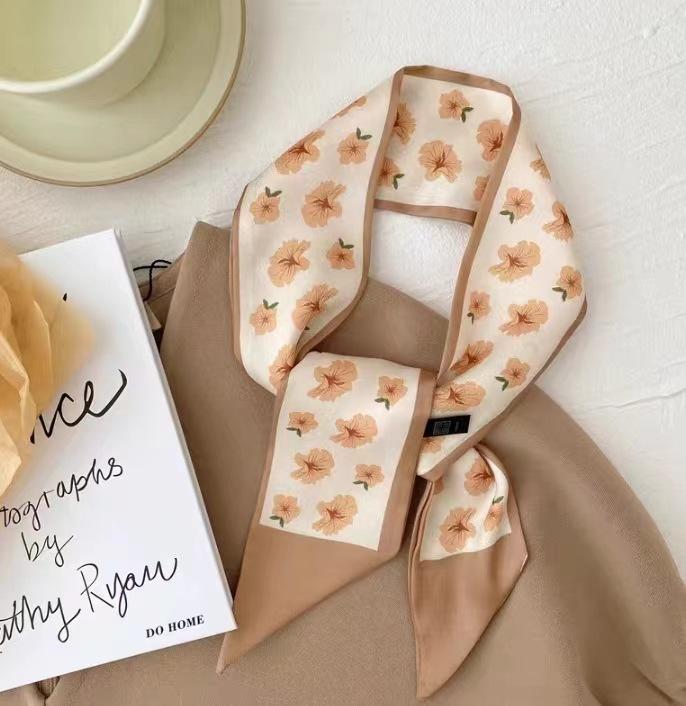 Fashion Printing Silk Hair Scarf for Women Chiffon Long Ribbon Ponytail Ties Headbands