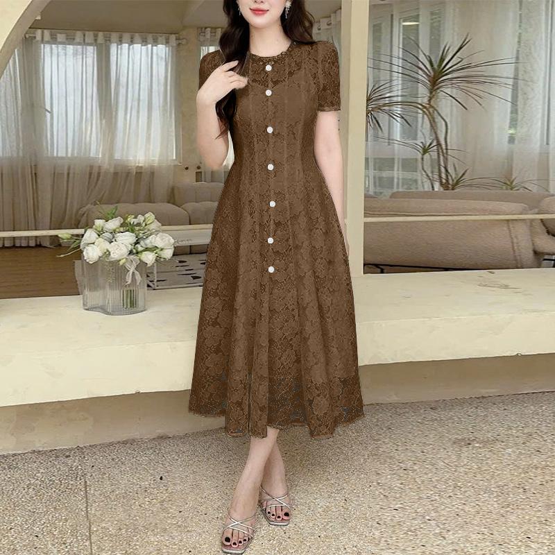 ZANZEA Rochie de vară casual pentru femei, cu gât rotund, patchwork din dantelă, cu mânecă scurtă