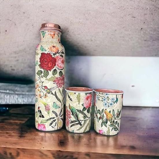 Copper Water Bottle 1 Ltr | Copper Water Bottle with Glass Set | Meena Work | 100% Pure | Leak-Proof | 2 Water Glass 300ml each
