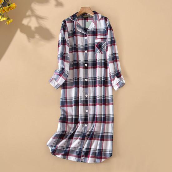 Lady Nightgown Heart Plaid Printing Turn-down Collar Single-breasted Knee Length with Chest Pocket Loose Nightdress Autumn Homewear Spring Sleepwear