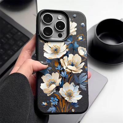 Blue Flower Pattern Leather Texture Phone Case for iPhone 16 Pro 15 14 13 12 Pro Max Shockproof Matte Slim Plain Color Tpu Soft Anti-Fall Cover
