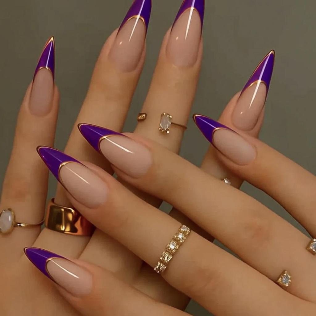 Almond Shape Purple French Tip Wearable Nail Set - High-End, Versatile, European & American Style.