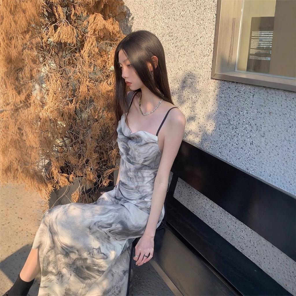 Coffee break French temperament waist floral suspender dress women's new summer seaside vacation dress