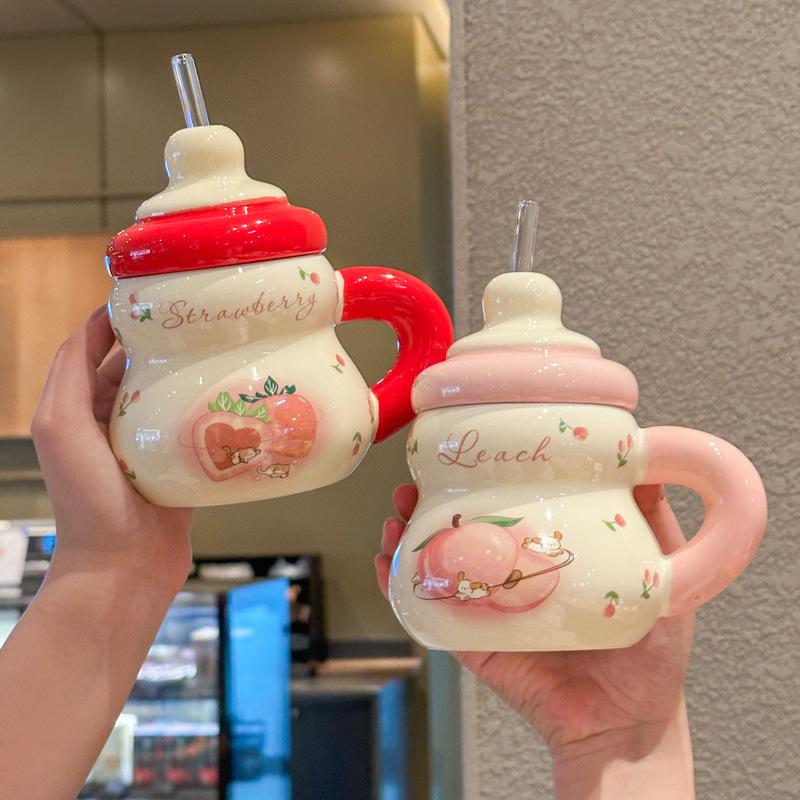 Super cute strawberry straw drinking cup for girls' birthday cup ceramic mug with lid girlfriend souvenir gift