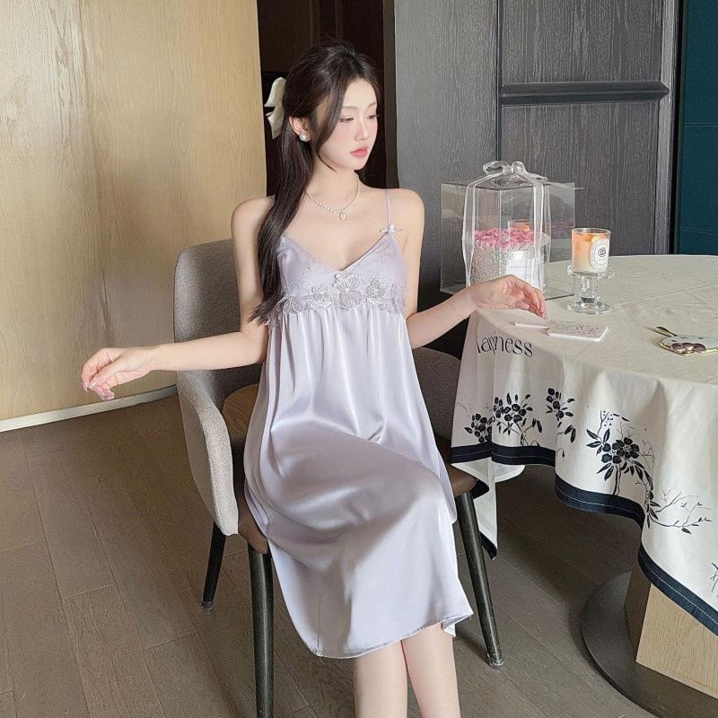French romantic lace nightdress suspender sexy ice silk pajamas women's summer 1011 new pure backless loungewear