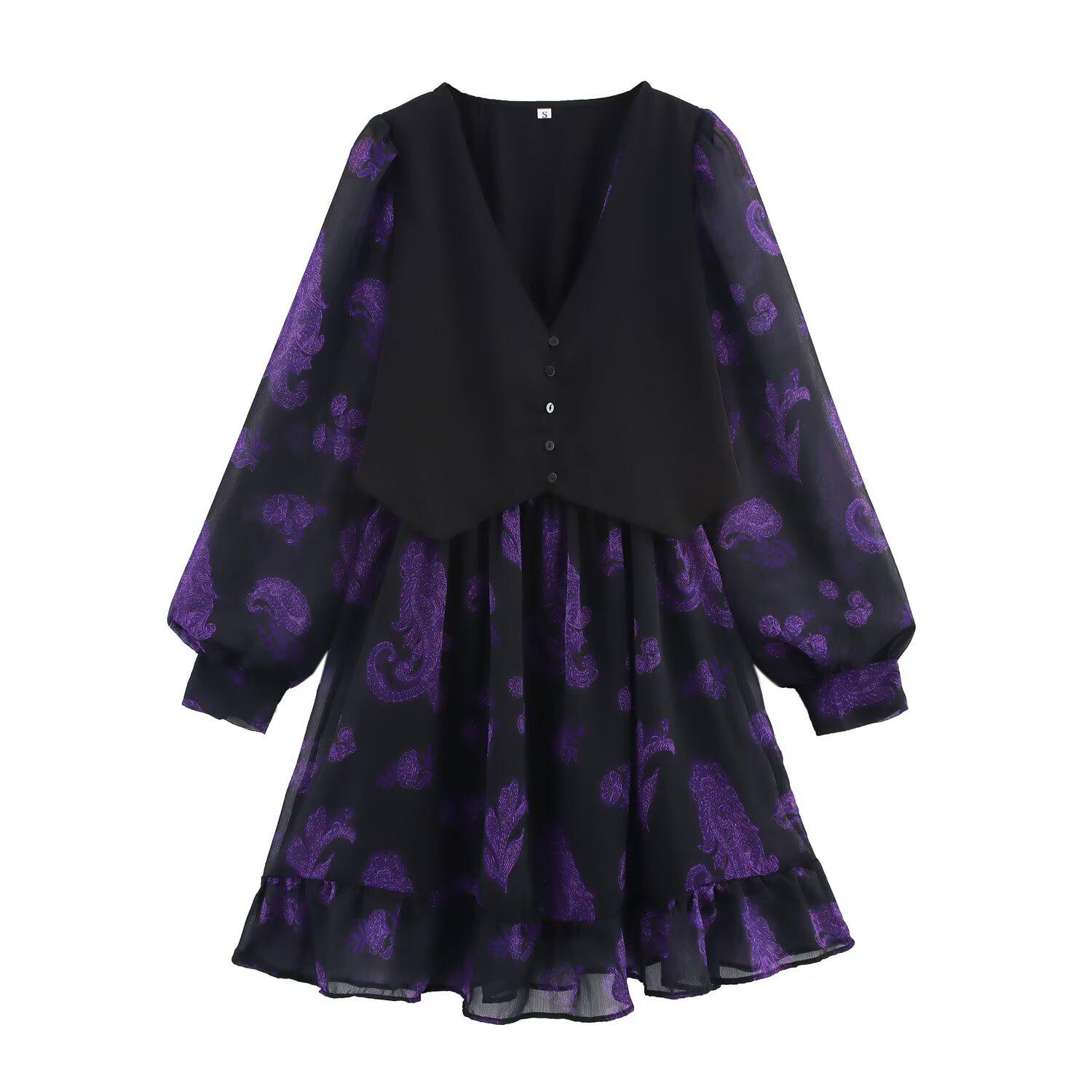 

Весна 2025 Женское платье в европейско-американском стиле из шифона с длинным рукавом и принтом - Простой дизайн «два в одном» XS