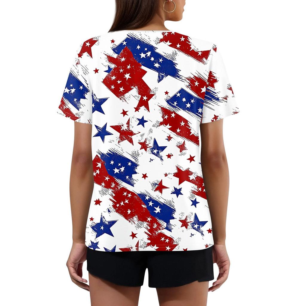 Women's T Shirt Independence Day Print Button Short Sleeve Daily Weekend Fashion Basic V- Neck Regular Top