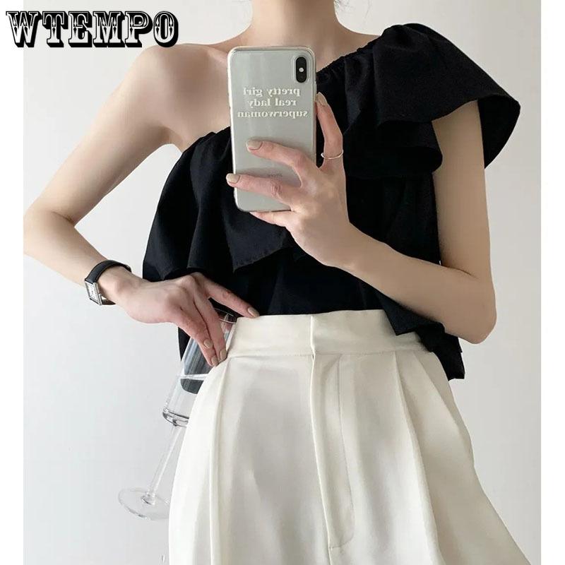 Sweet Off Shoulder Ruffled Top Women White Short T-shirt High Waist Navel Expose Sexy Desire Sleeveless Sloping Shoulder Summer