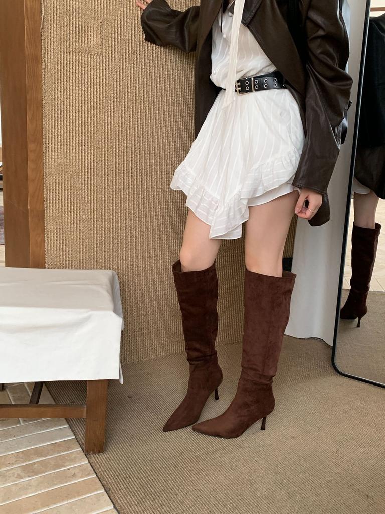 Pointed high-heeled over-the-knee boots women's 2025 new autumn French khaki fine-heeled pleated stacked boots knight boots