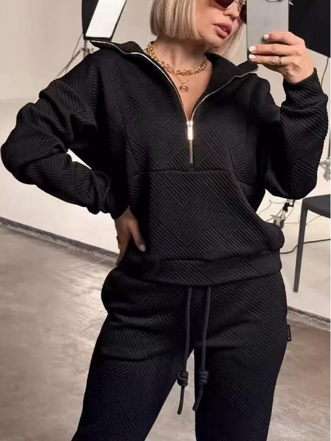 European & American Casual Women's Long-Sleeved Half-Zip Top with Tie-Up Pants Set