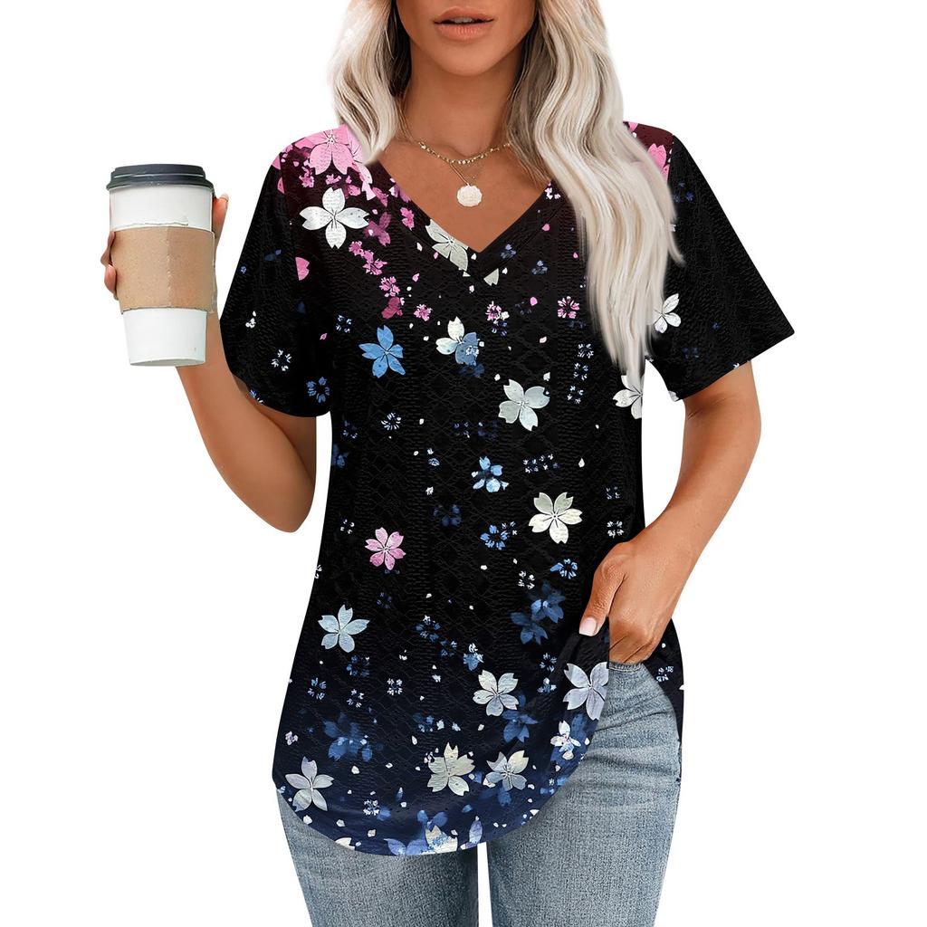 Womens T Shirts V Neck Short Sleeve Casual Tops Loose Fit Basic Tees With Curved Hem