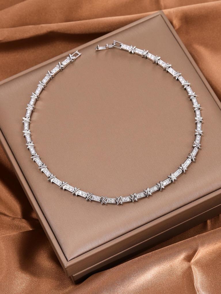 Two-Tone Gold & Silver T-Style Necklace Set with Cubic Zirconia and Design Accent X Clavicle Chain