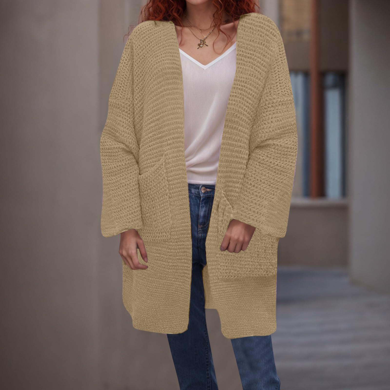 

Женская мода однотонный трикотажный кардиган с V-образным вырезом и свободными карманами M хаки