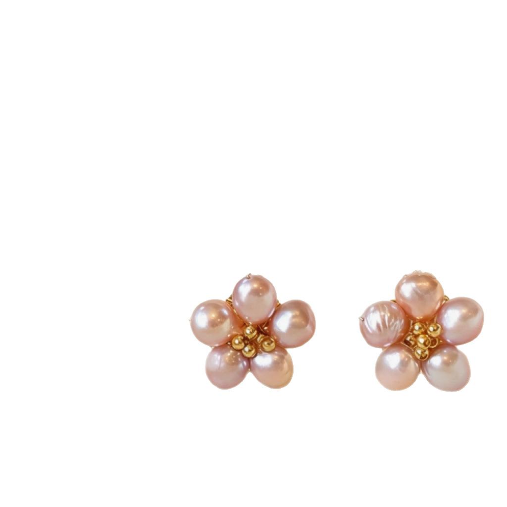 Natural Pink Baroque Pearl Flower Stud Earrings Irregular White Pearl Flower Earrings Earrings Silver Needle
