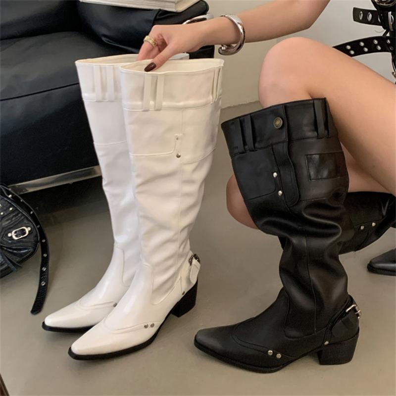 Fashion Eilyken 2025 New Fashion Pointed Toe Women Knee-High Boots Design Button Strap Square Low Heels Party Dress Shoes