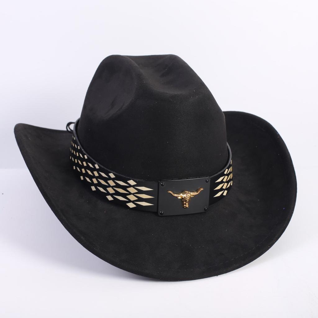 New Western Cowboy Hat Men's and Women's Versatile Wide Brim Top Hat Sun Hat Simple Bull Head Hat Strap