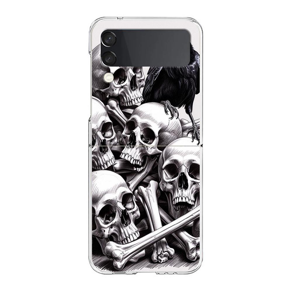 Phone Cover For Samsung Galaxy Z Flip 7 6 5 4 Case Transparent For Samsung Z Flip 3 Hard PC Foldable Shell Raven Crow Skull Bags