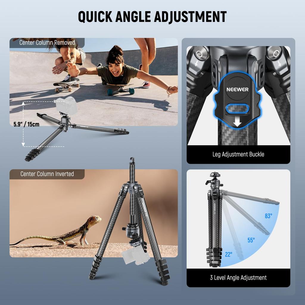 NEEWER LITETRIP 155cm Carbon Fiber Camera Portable and with Ball Center QR and Cleaning Compatible with iPhone 16 Pro iPhone Galaxy S24 and Clip