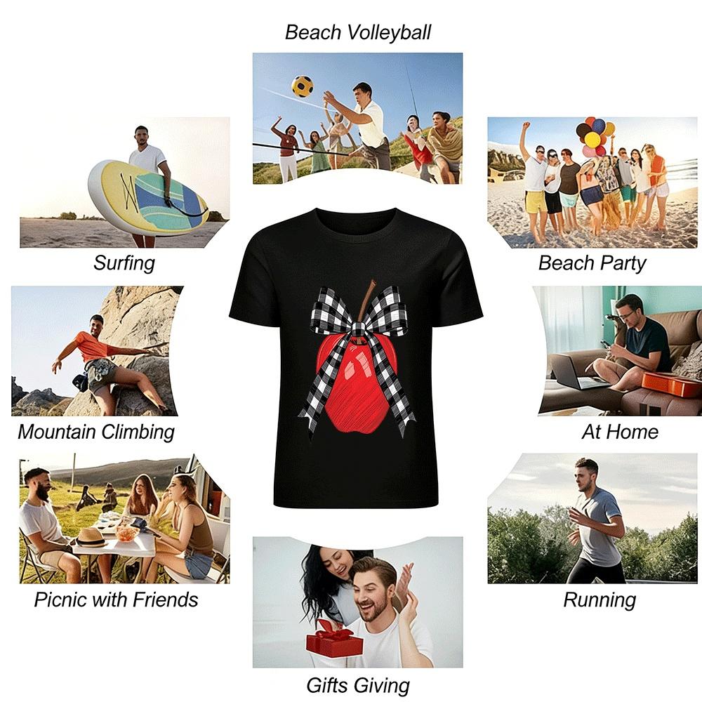 Gingham Bow Red Apple Print Casual Top Pure cotton T-shirt