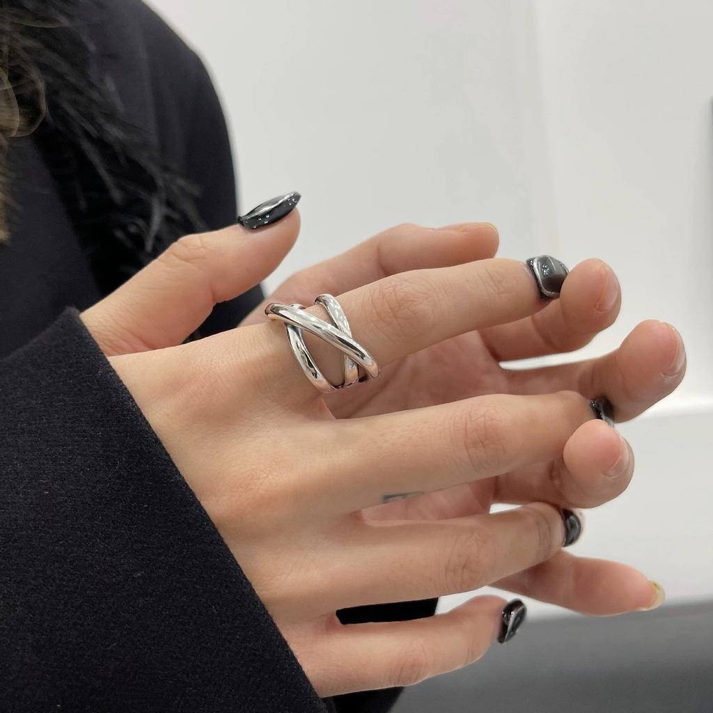 PANJBJ 925 Sterling Silber Dicker Doppelring für Damen Mädchen Geschenk Minimalismus Neutral Öffnend Breiter Schmuck Dropshipping