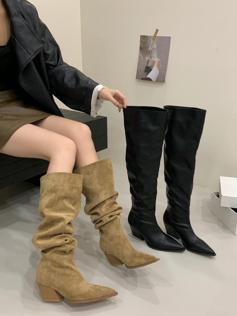 High-heeled pointed khaki stacking boots high knight boots women's shoes 2025 new spring and autumn winter thin long boots