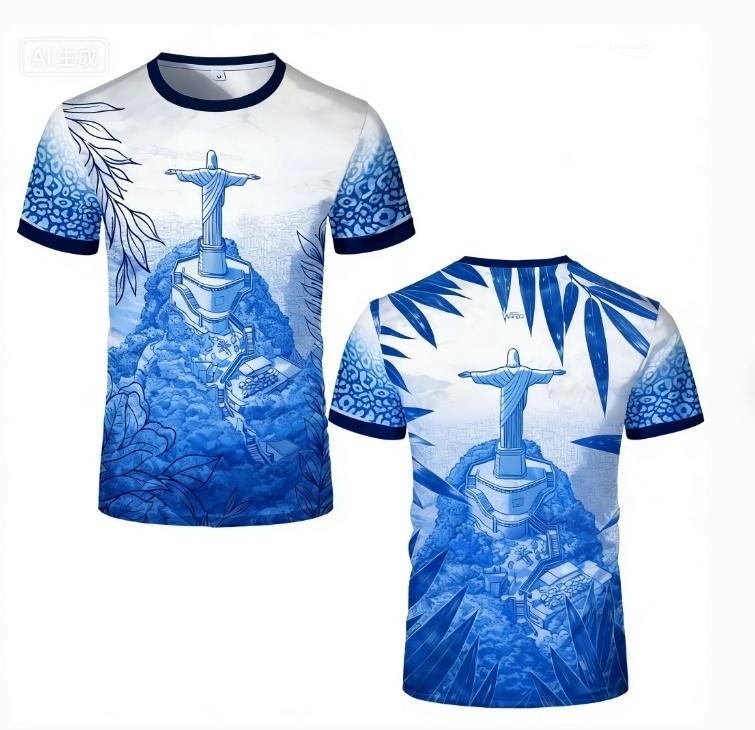 Fashion Casual Short-sleeve T-shirt with Brazil Jesus Statue Print On Front and Back for Daily Travel Wear