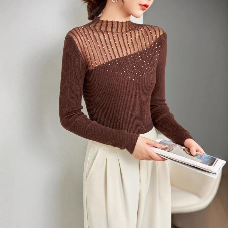 

Женская осенняя новая облегающая базовая рубашка с сетчатыми вставками и стразами, микропрозрачный трикотажный свитер из шелка и шерсти с полувысоким воротом 120 кофейный